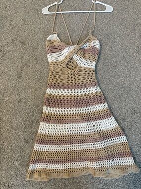 Beige & White Crochet Striped Spaghetti Strap Dress